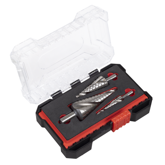 Sealey AK4749 Spiral Flute HSS 4341 Step Drill Bit Set 3pc