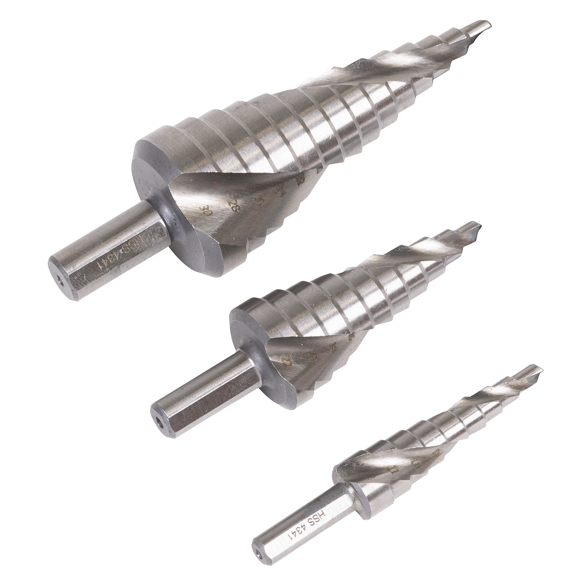 Sealey AK4749 Spiral Flute HSS 4341 Step Drill Bit Set 3pc