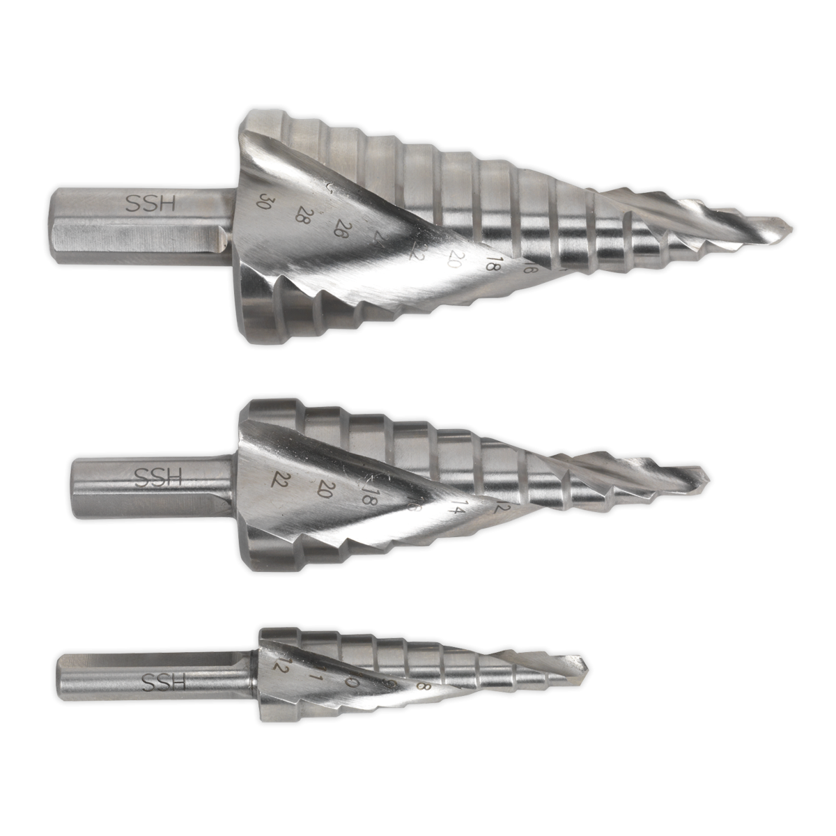 Sealey AK4749 Spiral Flute HSS 4341 Step Drill Bit Set 3pc