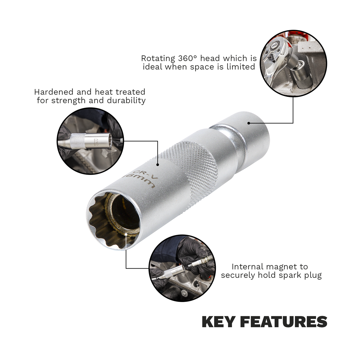 Sealey AK6571 Spark Plug Socket with Universal Joint 3/8"Sq Drive 12-Point 16mm