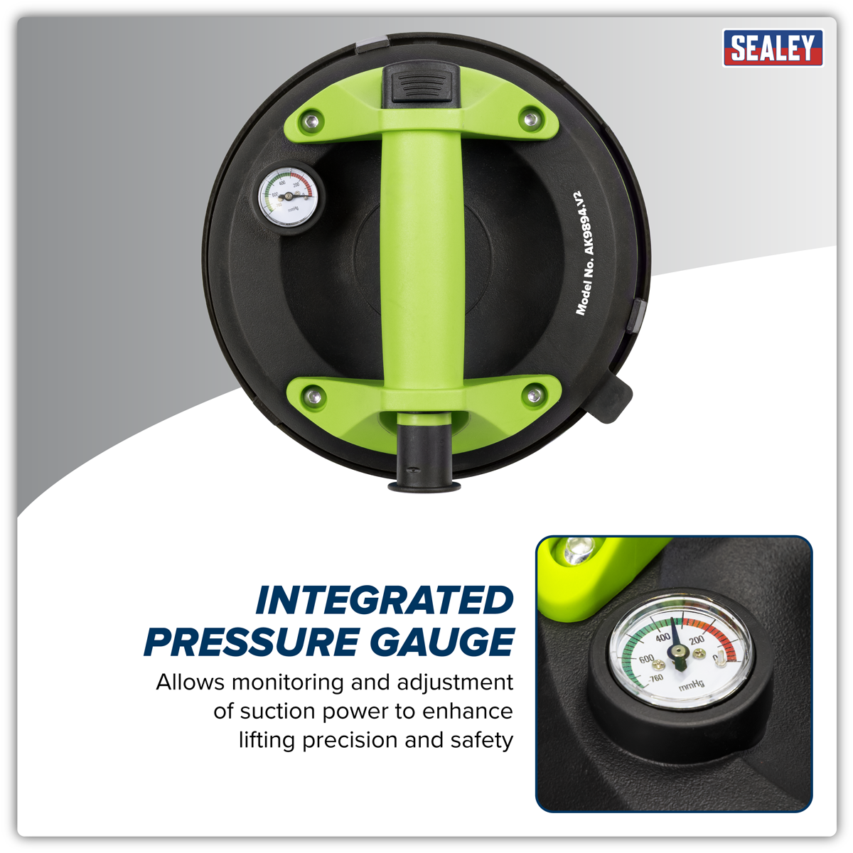 Sealey AK9894 Heavy Lift Suction Cup with Vacuum Grip Pressure Gauge