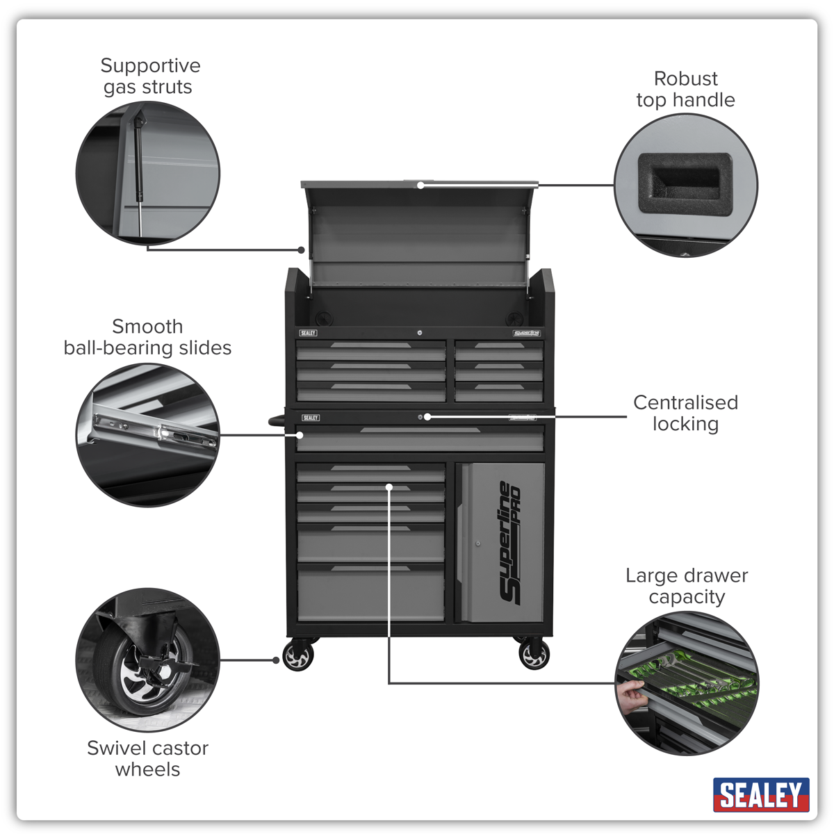 Sealey AP1080GR Superline Pro® Topchest & Rollcab Combination 12 Drawer & 1 Door Cupboard - Grey