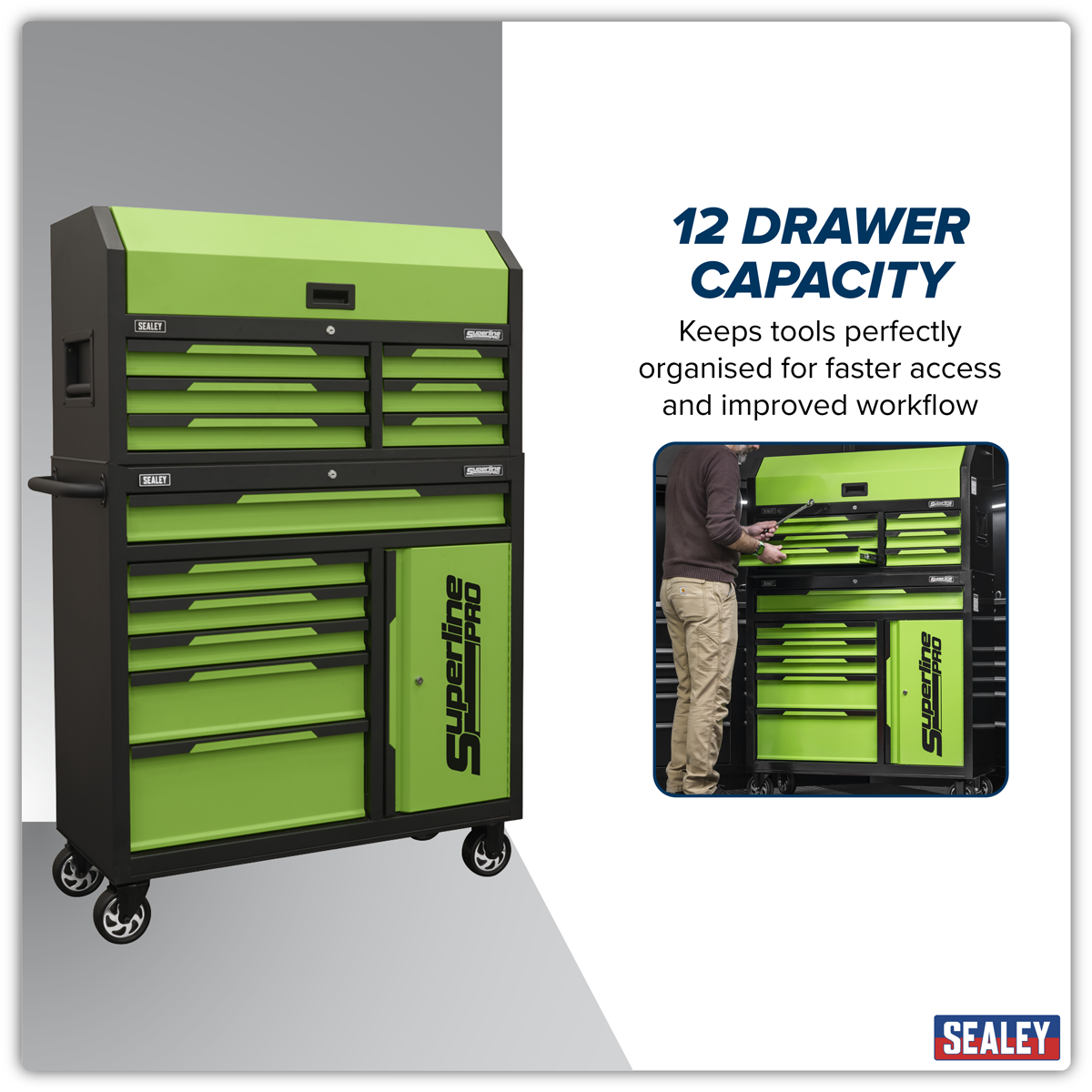 Sealey AP1080HVG Superline Pro® Topchest & Rollcab Combination 12 Drawer & 1 Door Cupboard - Green