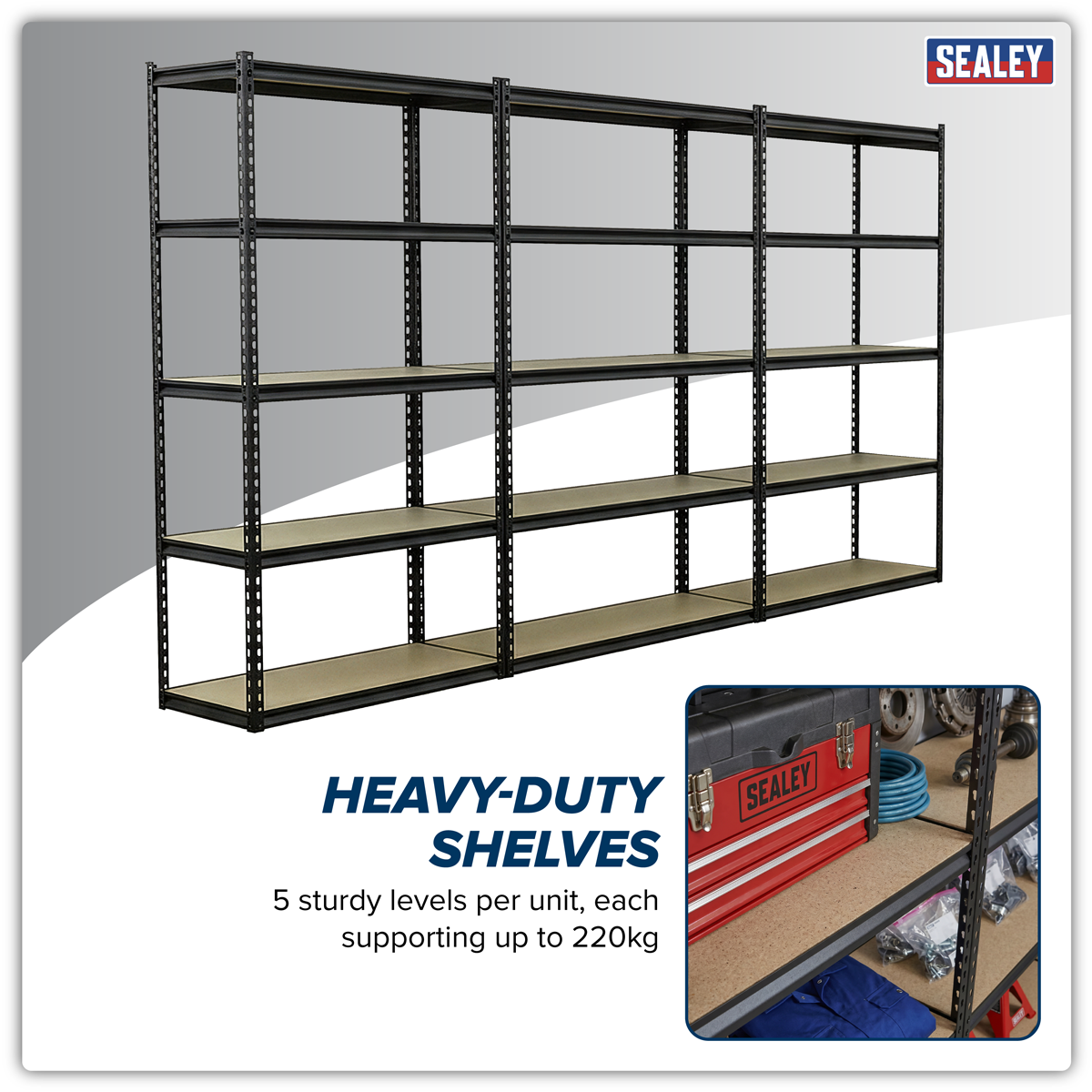 Sealey AP1200RCOMBO1 Racking Unit with 5 Shelves 220kg Capacity Per Level - Set of 3