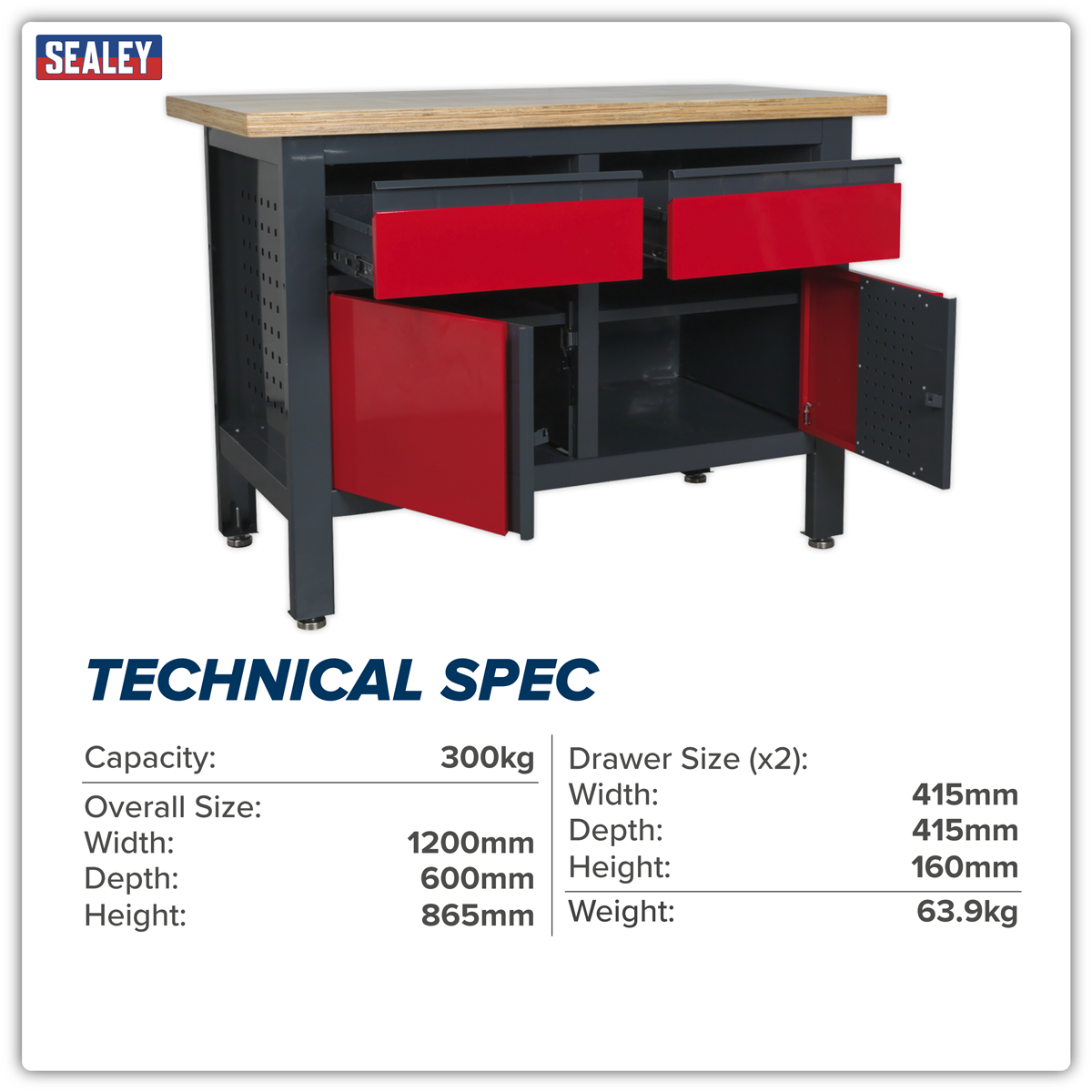 Sealey AP1372A Workbench with 2 Drawers & 2 Cupboards