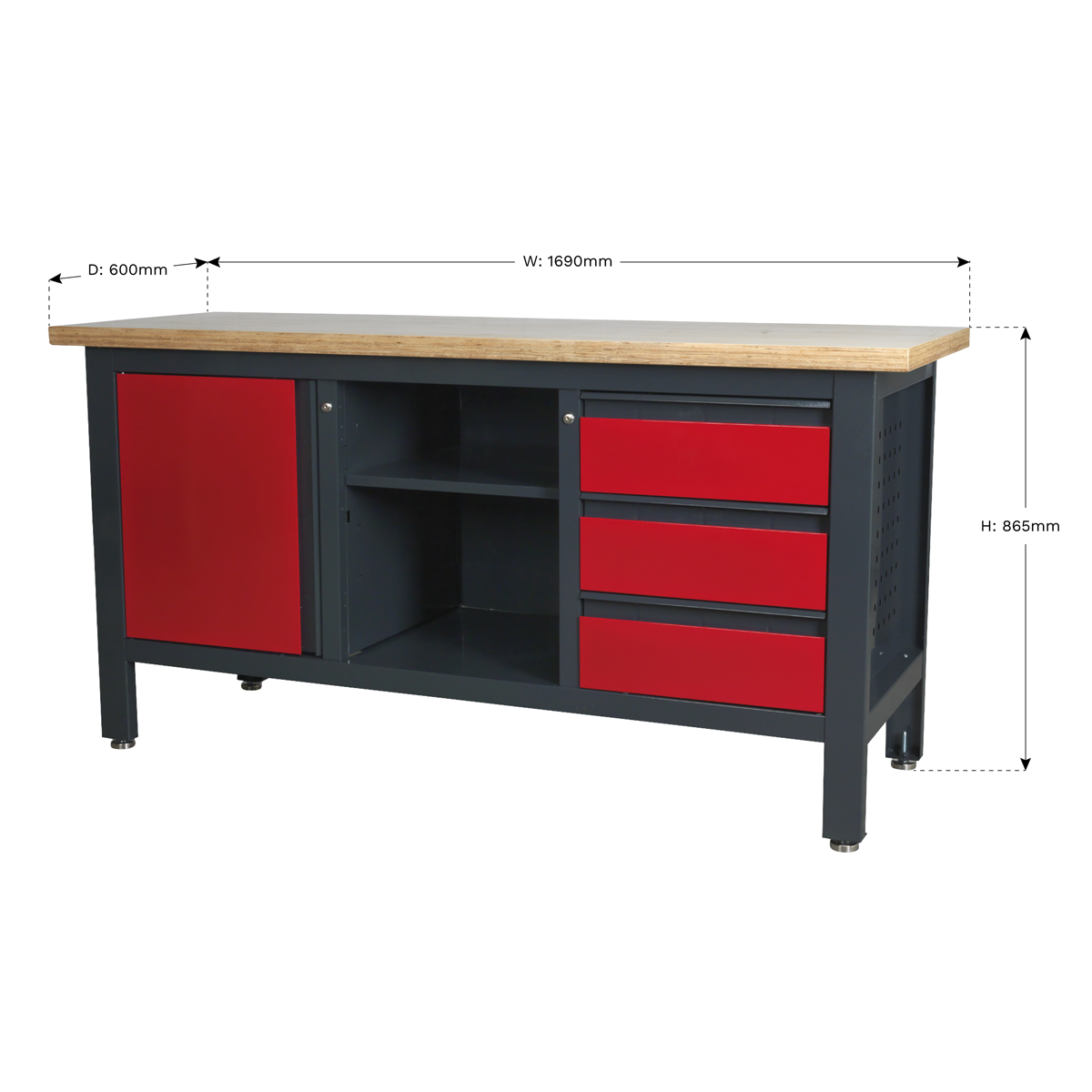 Sealey AP1905B Workbench with 3 Drawers, 1 Cupboard & Open Storage