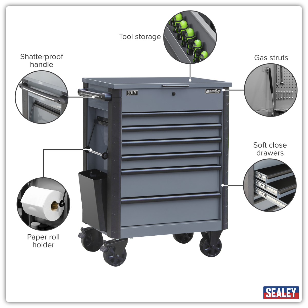 Sealey AP266G Superline Pro® Tool Trolley 6 Drawer - Grey