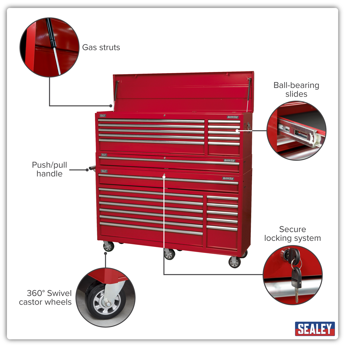 Sealey AP66COMBO1 Topchest, Mid-Box Tool Chest & Rollcab Combination 23 Drawer with Ball-Bearing Slides - Red