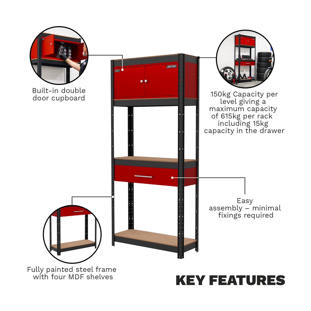 Sealey AP830R Shelving Unit 4-Tier with Cupboard & Drawer