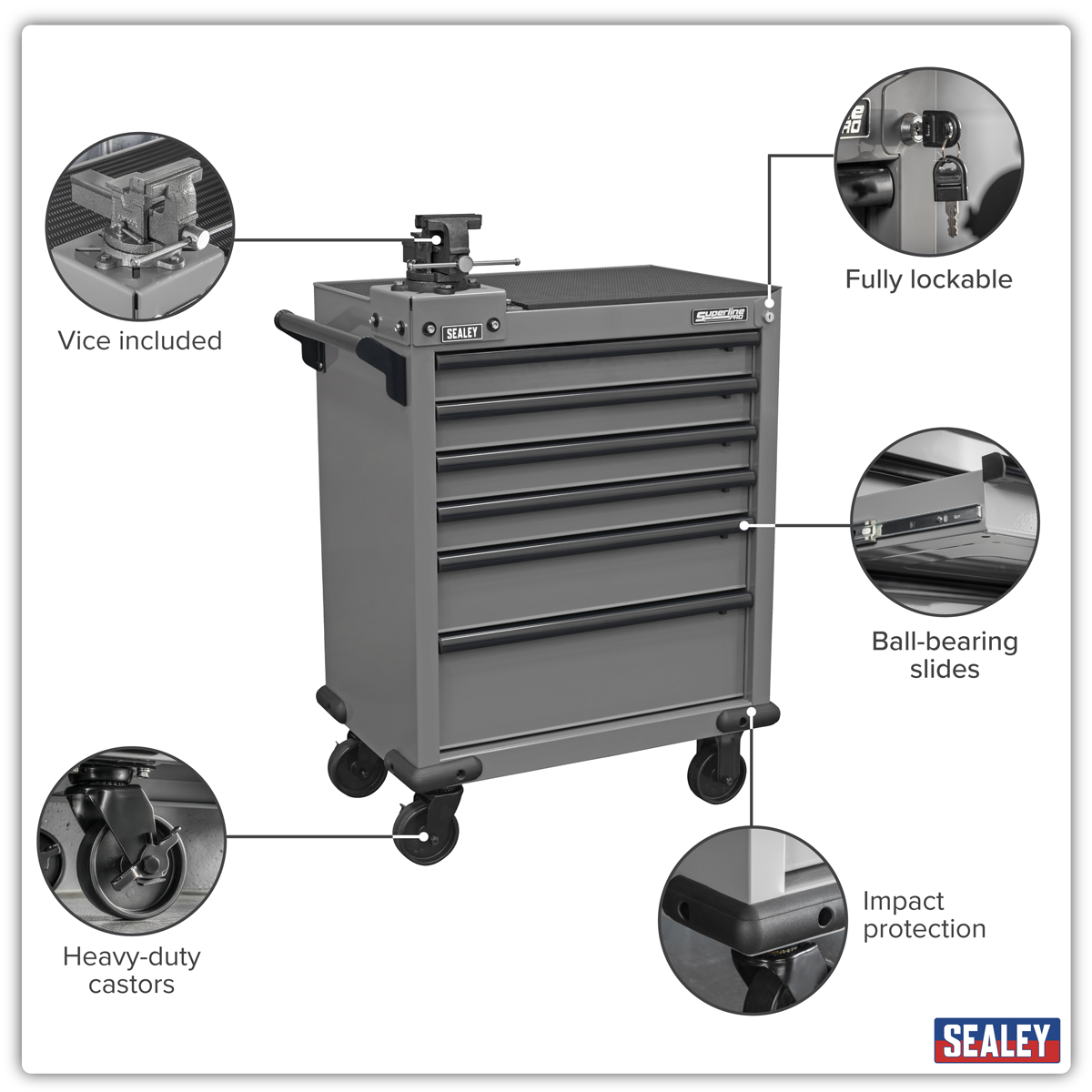 Sealey APMWS2COMBO Superline PRO® Rollcab 6 Drawer with SG Swivel Base 100mm Vice