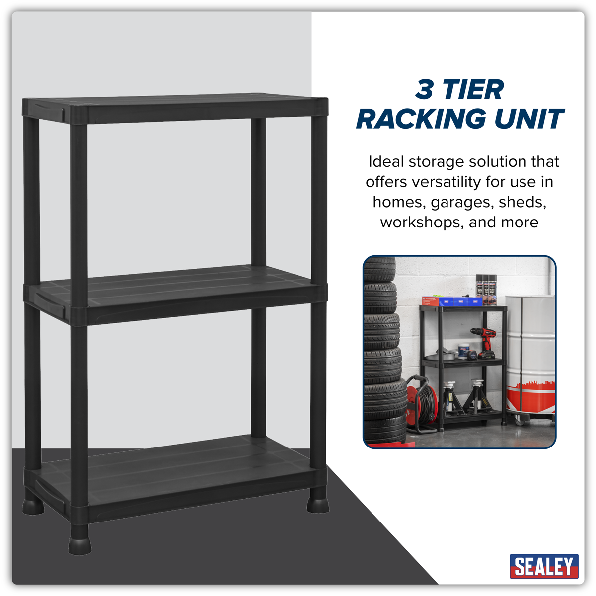 Sealey APPR3 Plastic Racking Unit with 3 Shelves 25kg Capacity Per Level