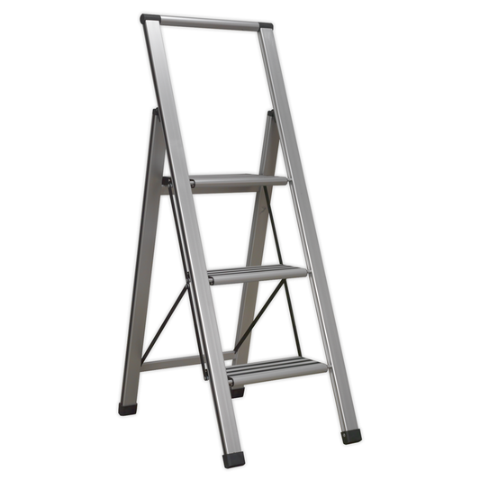 Sealey APSL3 Aluminium Professional Fold-Flat Step Ladder 3-Step 150kg Capacity - EN 14183