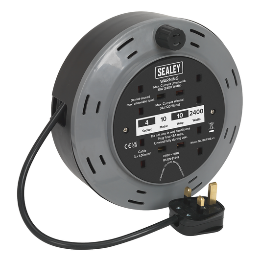 Sealey BCR10B 10m Cassette Type Cable Reel with Thermal Trip 4 x 230V