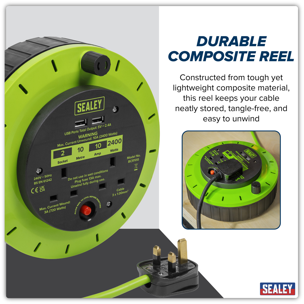 Sealey BCR10G 10m Cassette Type Cable Reel with Thermal Trip 2 x 230V & 2 x USB - Hi-Vis Green
