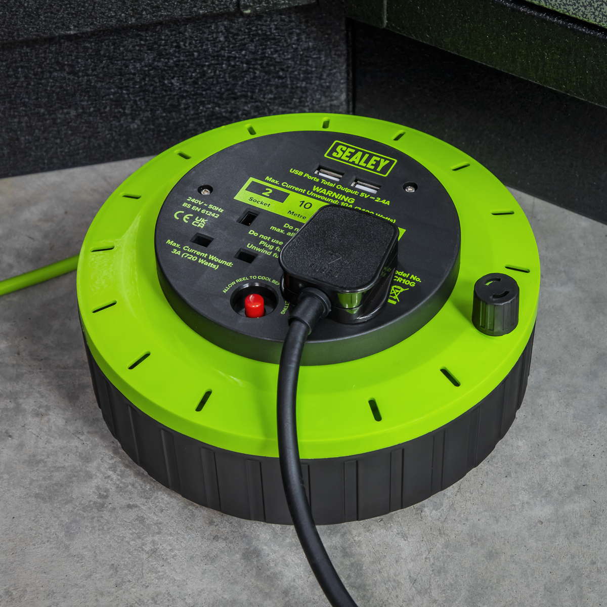 Sealey BCR10G 10m Cassette Type Cable Reel with Thermal Trip 2 x 230V & 2 x USB - Hi-Vis Green