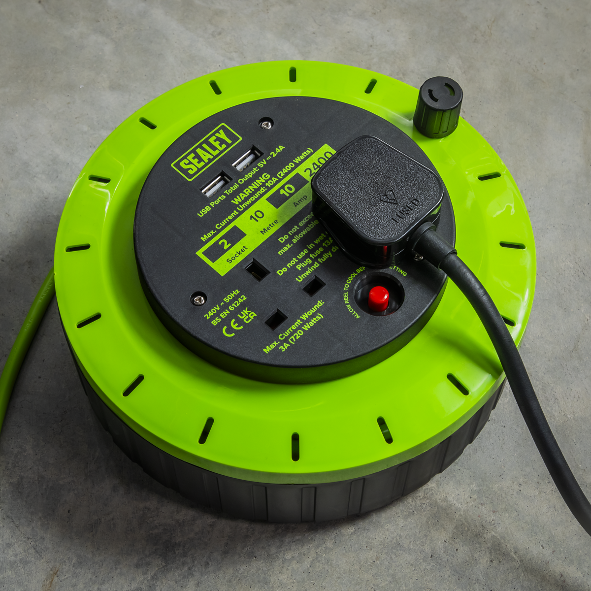 Sealey BCR10G 10m Cassette Type Cable Reel with Thermal Trip 2 x 230V & 2 x USB - Hi-Vis Green