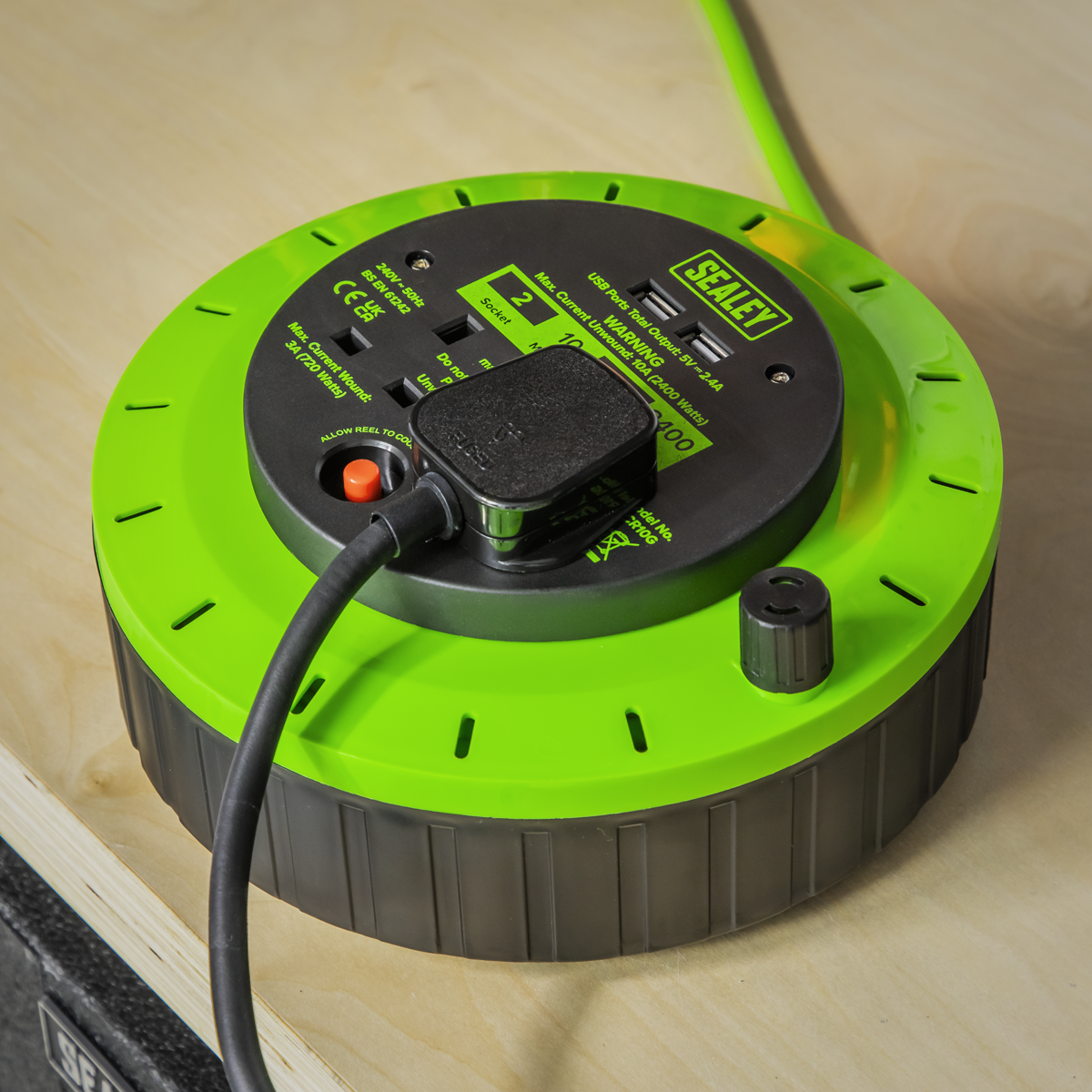 Sealey BCR10G 10m Cassette Type Cable Reel with Thermal Trip 2 x 230V & 2 x USB - Hi-Vis Green