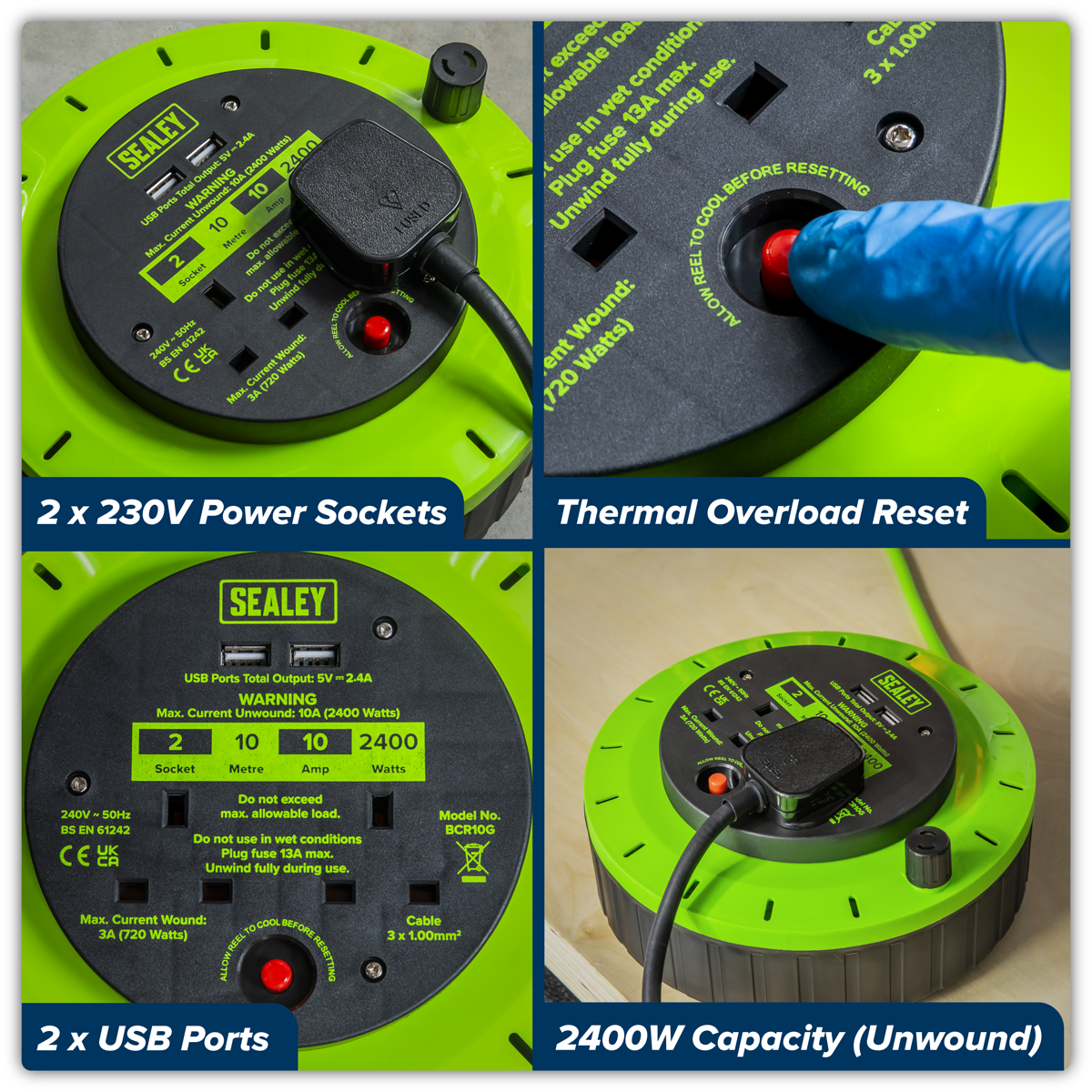 Sealey BCR10G 10m Cassette Type Cable Reel with Thermal Trip 2 x 230V & 2 x USB - Hi-Vis Green
