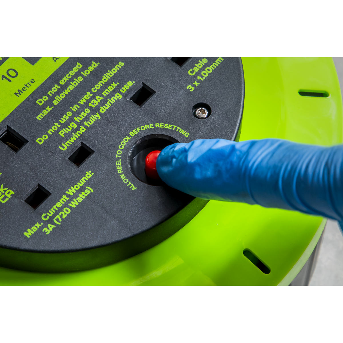 Sealey BCR10G 10m Cassette Type Cable Reel with Thermal Trip 2 x 230V & 2 x USB - Hi-Vis Green
