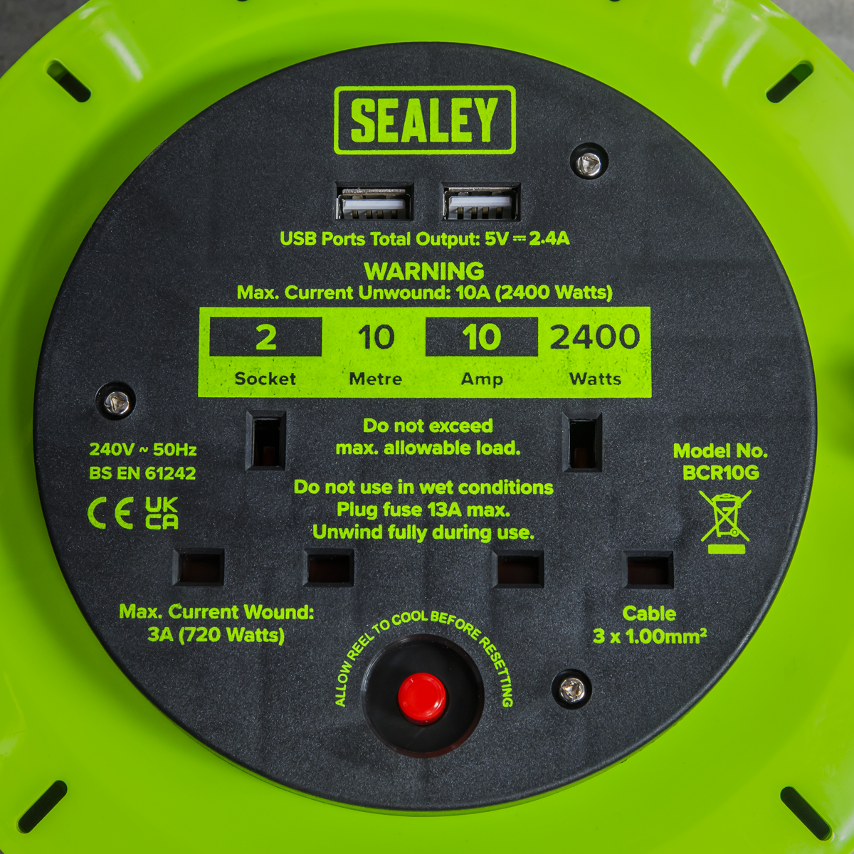 Sealey BCR10G 10m Cassette Type Cable Reel with Thermal Trip 2 x 230V & 2 x USB - Hi-Vis Green