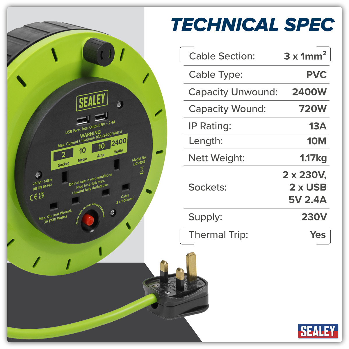 Sealey BCR10G 10m Cassette Type Cable Reel with Thermal Trip 2 x 230V & 2 x USB - Hi-Vis Green