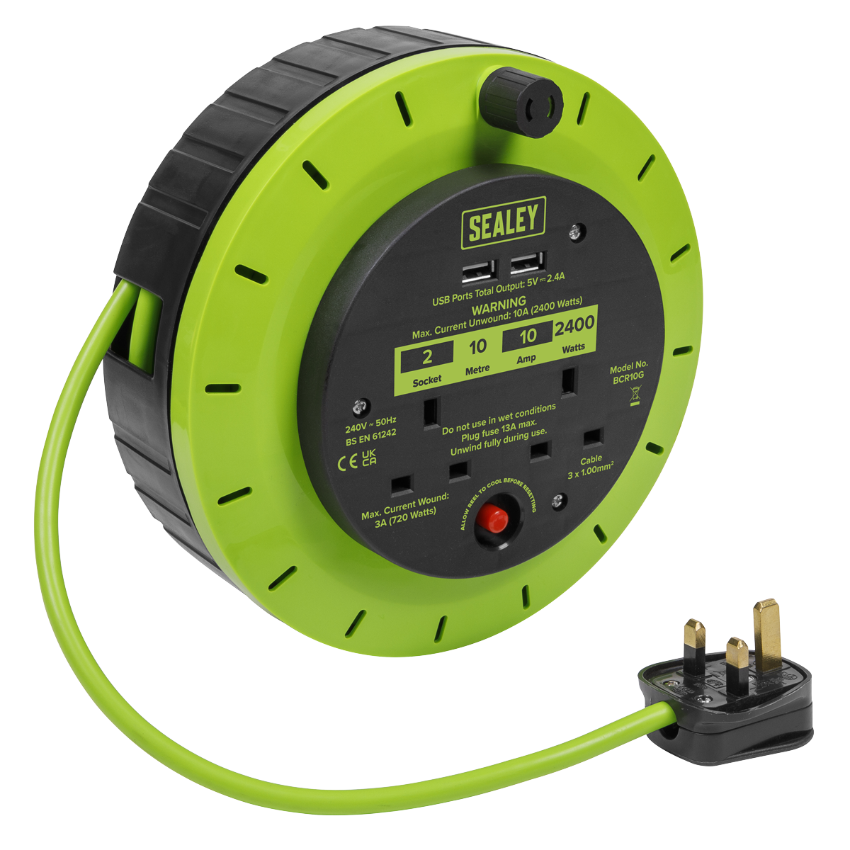 Sealey BCR10G 10m Cassette Type Cable Reel with Thermal Trip 2 x 230V & 2 x USB - Hi-Vis Green
