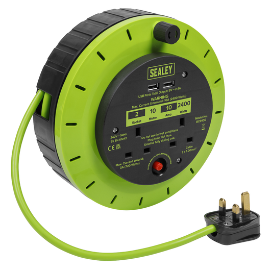 Sealey BCR10G 10m Cassette Type Cable Reel with Thermal Trip 2 x 230V & 2 x USB - Hi-Vis Green