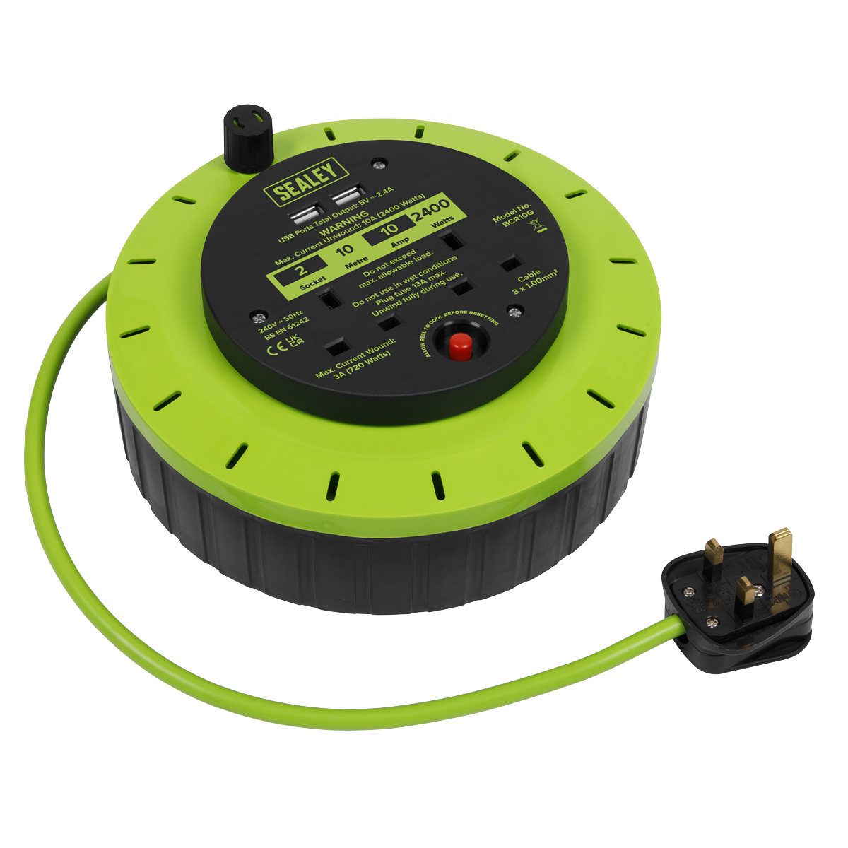 Sealey BCR10G 10m Cassette Type Cable Reel with Thermal Trip 2 x 230V & 2 x USB - Hi-Vis Green