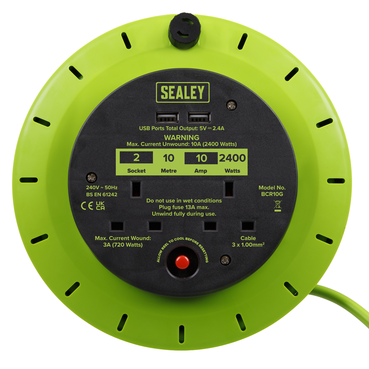 Sealey BCR10G 10m Cassette Type Cable Reel with Thermal Trip 2 x 230V & 2 x USB - Hi-Vis Green