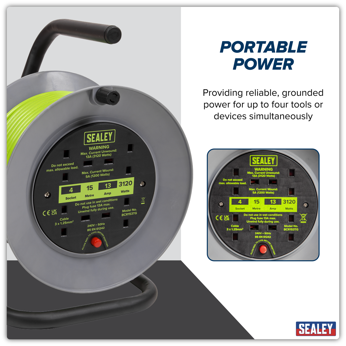 Sealey BCR153TG 15m Cable Reel with Thermal Trip 4 x 230V - Hi-Vis Green