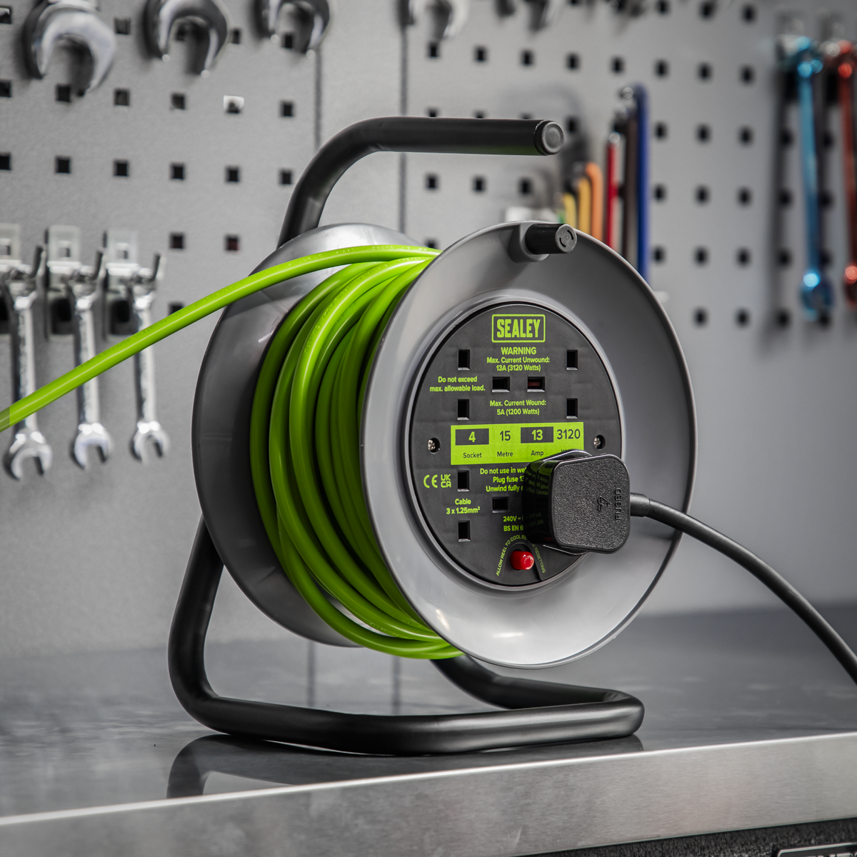 Sealey BCR153TG 15m Cable Reel with Thermal Trip 4 x 230V - Hi-Vis Green