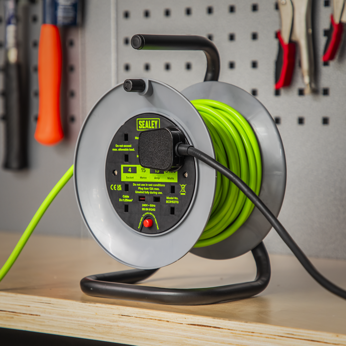 Sealey BCR153TG 15m Cable Reel with Thermal Trip 4 x 230V - Hi-Vis Green