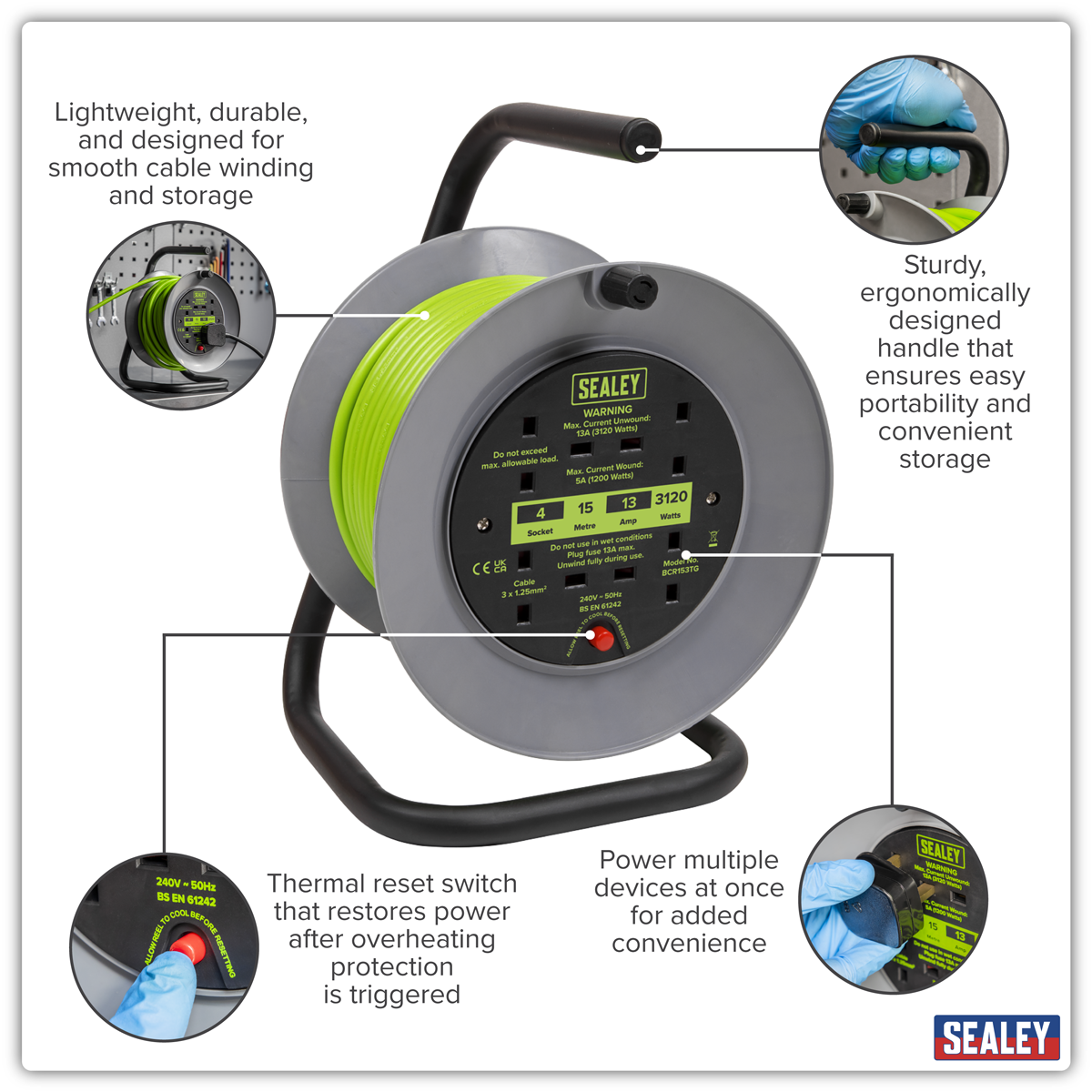 Sealey BCR153TG 15m Cable Reel with Thermal Trip 4 x 230V - Hi-Vis Green