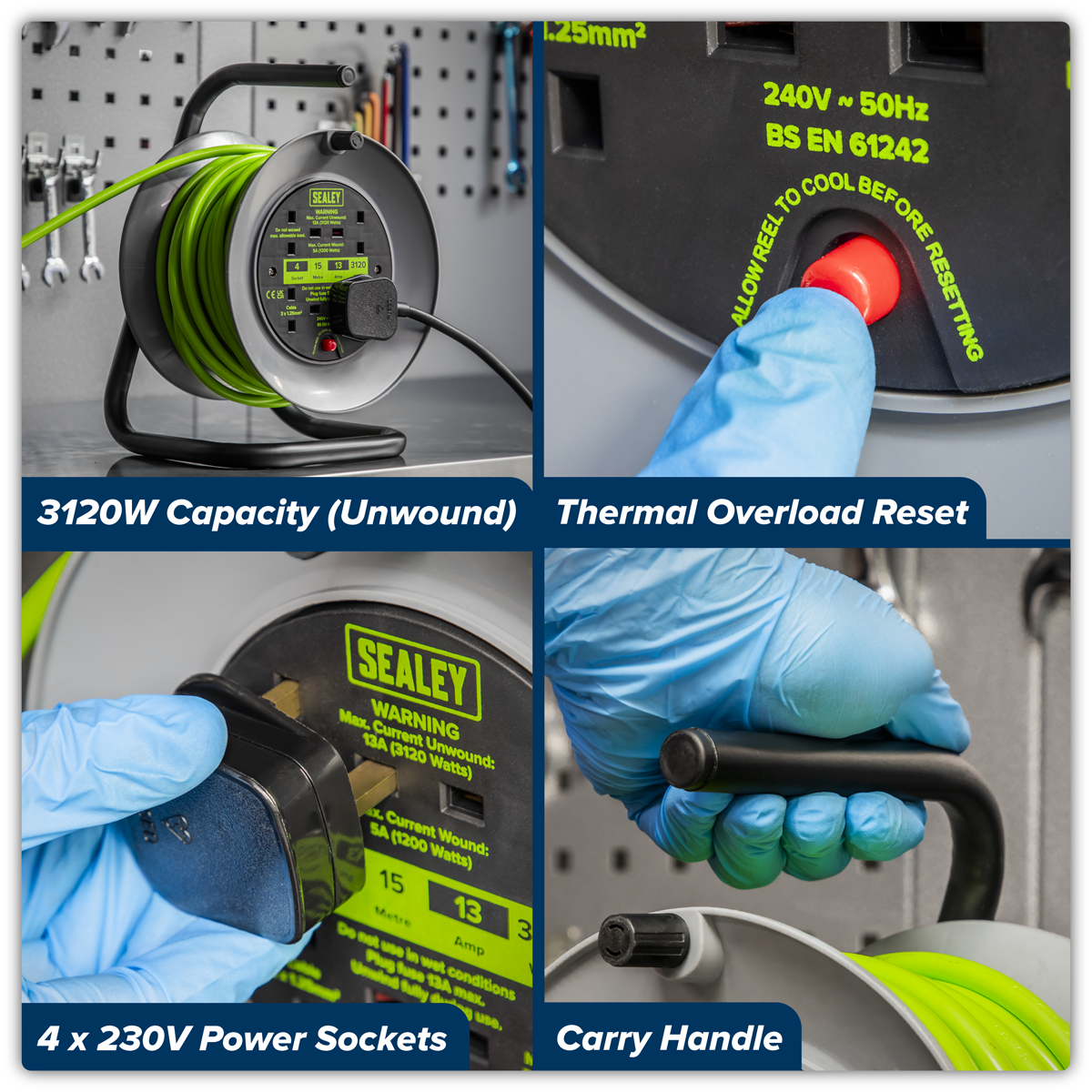 Sealey BCR153TG 15m Cable Reel with Thermal Trip 4 x 230V - Hi-Vis Green