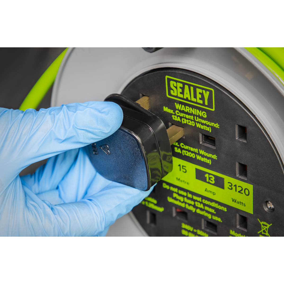 Sealey BCR153TG 15m Cable Reel with Thermal Trip 4 x 230V - Hi-Vis Green