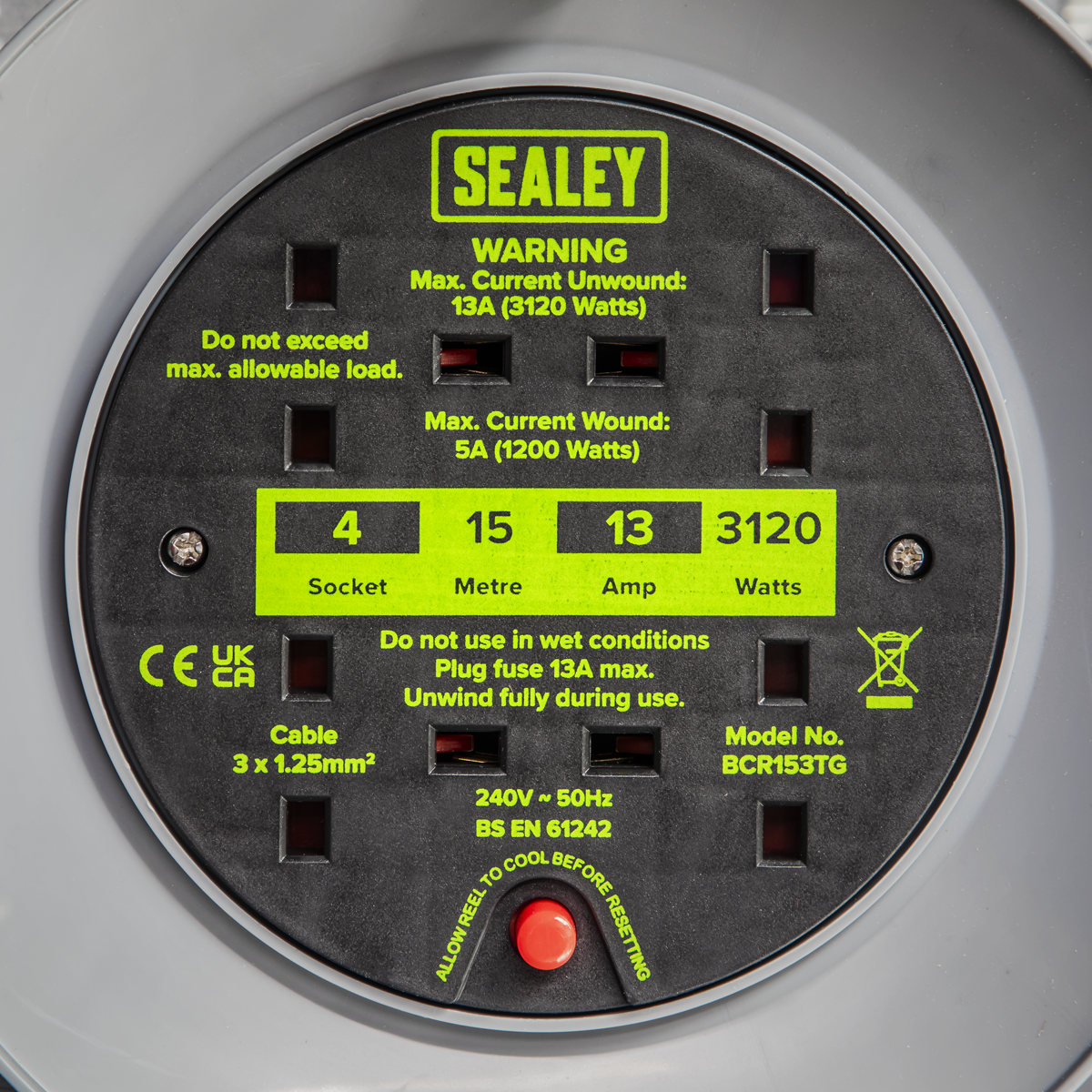Sealey BCR153TG 15m Cable Reel with Thermal Trip 4 x 230V - Hi-Vis Green