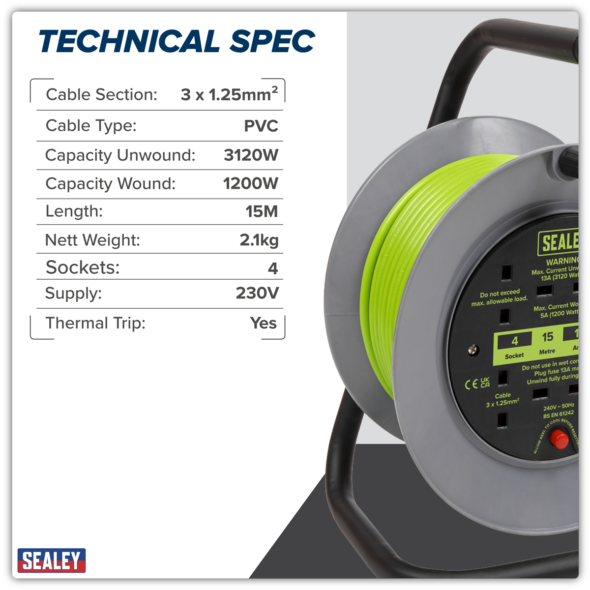 Sealey BCR153TG 15m Cable Reel with Thermal Trip 4 x 230V - Hi-Vis Green