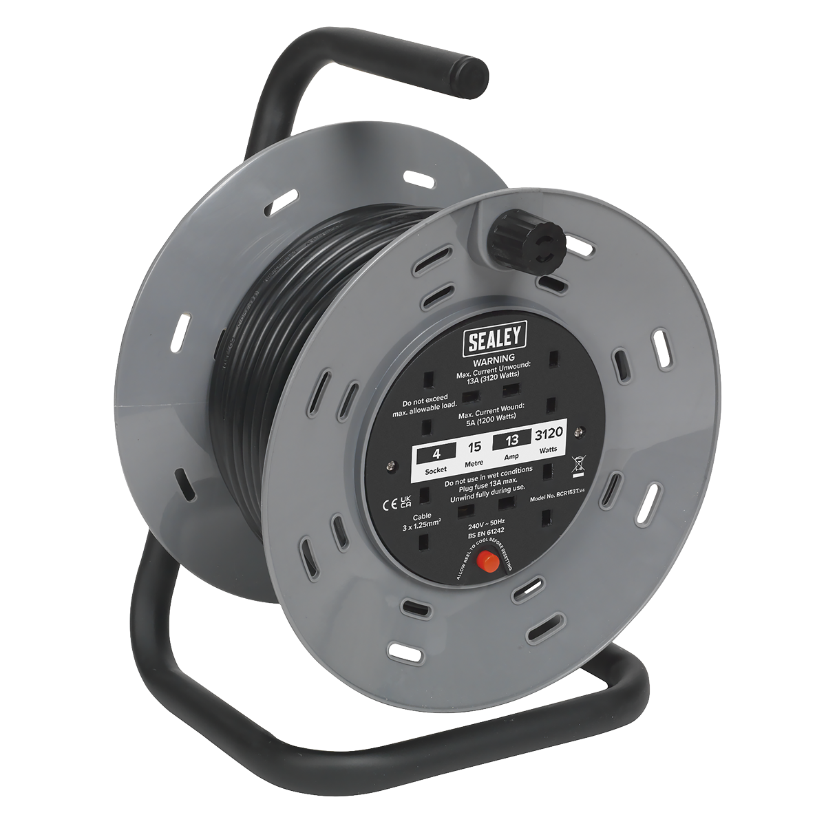 Sealey BCR153T 15m Cable Reel with Thermal Trip 4 x 230V