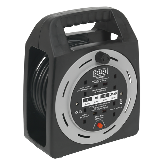 Sealey BCR15CB 15m Box Type Cable Reel with Thermal Trip 4 x 230V