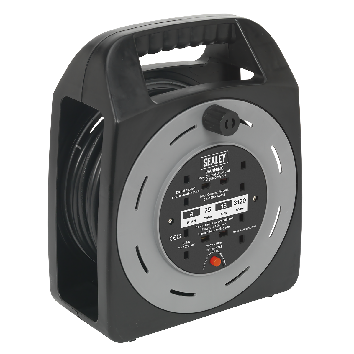 Sealey BCR25CB 25m Box Type Cable Reel with Thermal Trip 4 x 230V