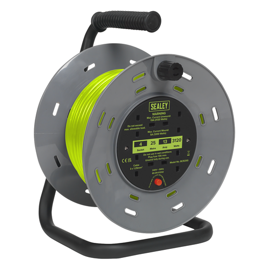 Sealey BCR25G 25m Cable Reel with Thermal Trip 4 x 230V - Hi-Vis Green