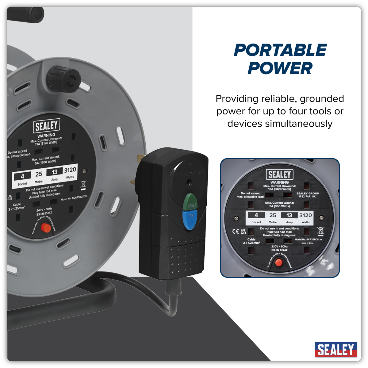 Sealey BCR25RCD 25m Cable Reel with Thermal Trip & RCD Plug 4 x 230V