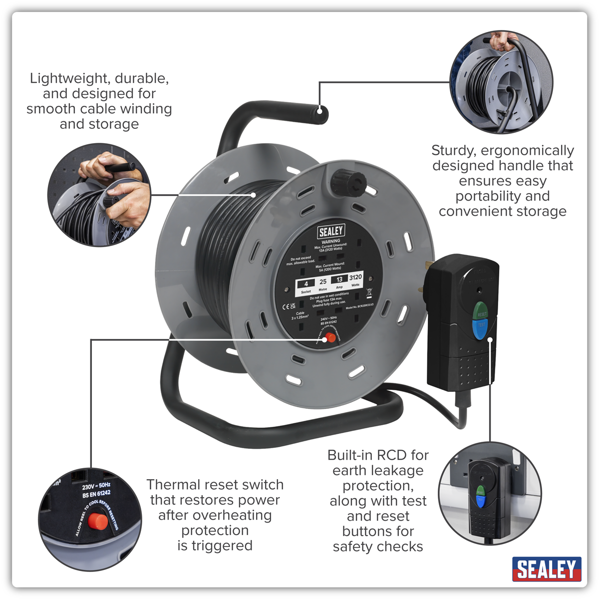 Sealey BCR25RCD 25m Cable Reel with Thermal Trip & RCD Plug 4 x 230V