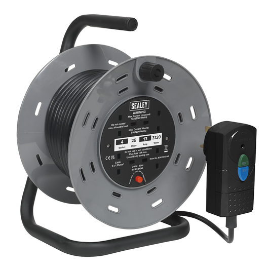 Sealey BCR25RCD 25m Cable Reel with Thermal Trip & RCD Plug 4 x 230V
