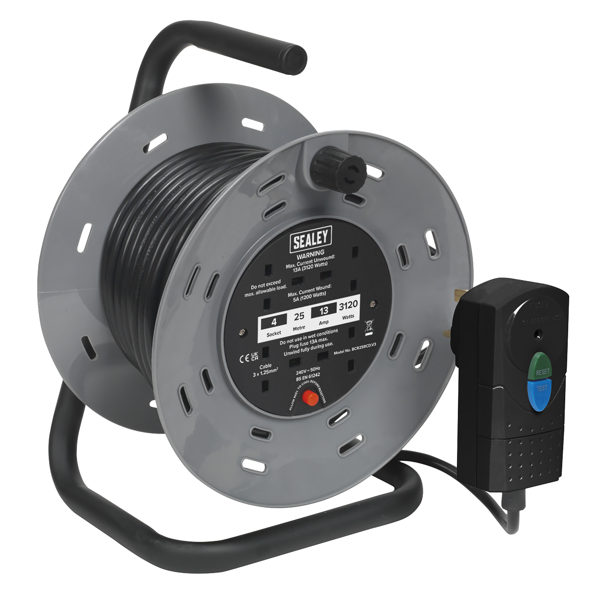 Sealey BCR25RCD 25m Cable Reel with Thermal Trip & RCD Plug 4 x 230V