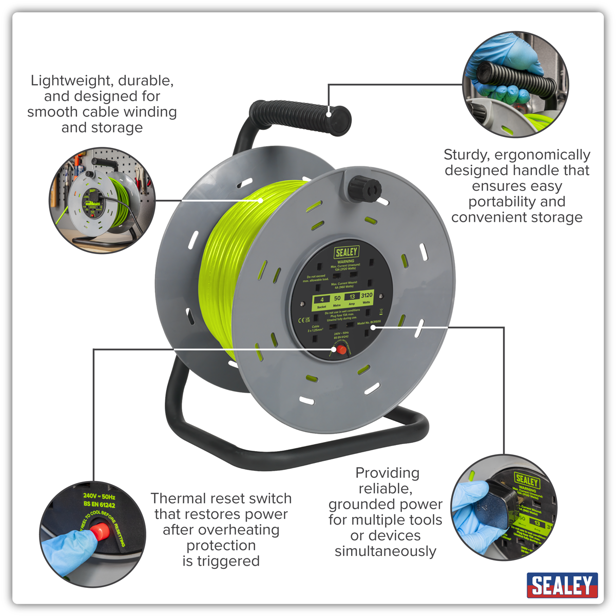 Sealey BCR50G 50m Cable Reel with Thermal Trip 4 x 230V - Hi-Vis Green