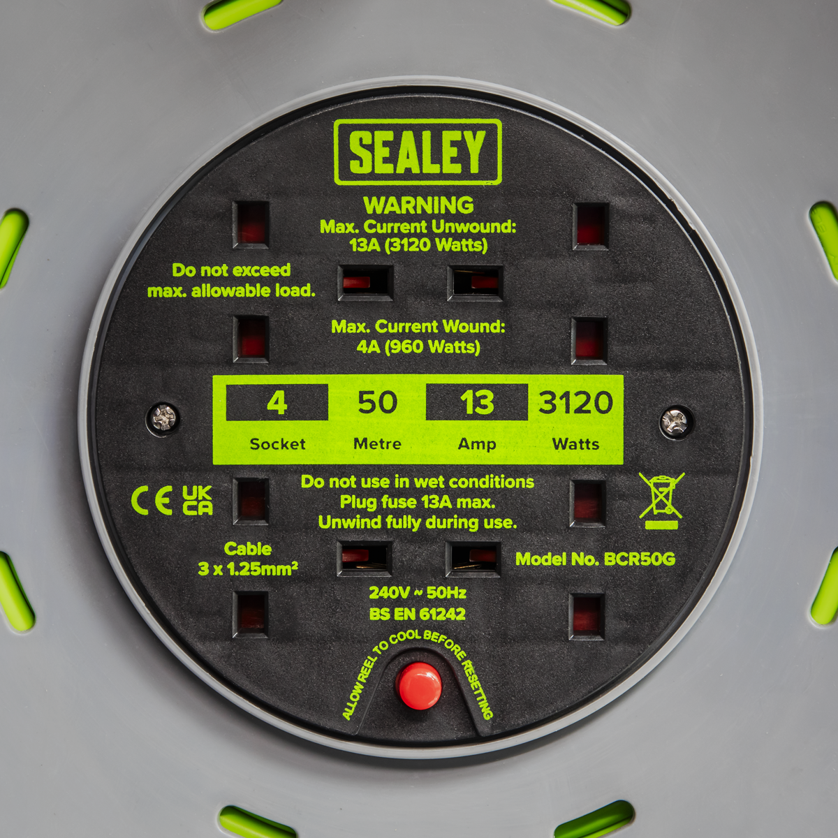 Sealey BCR50G 50m Cable Reel with Thermal Trip 4 x 230V - Hi-Vis Green