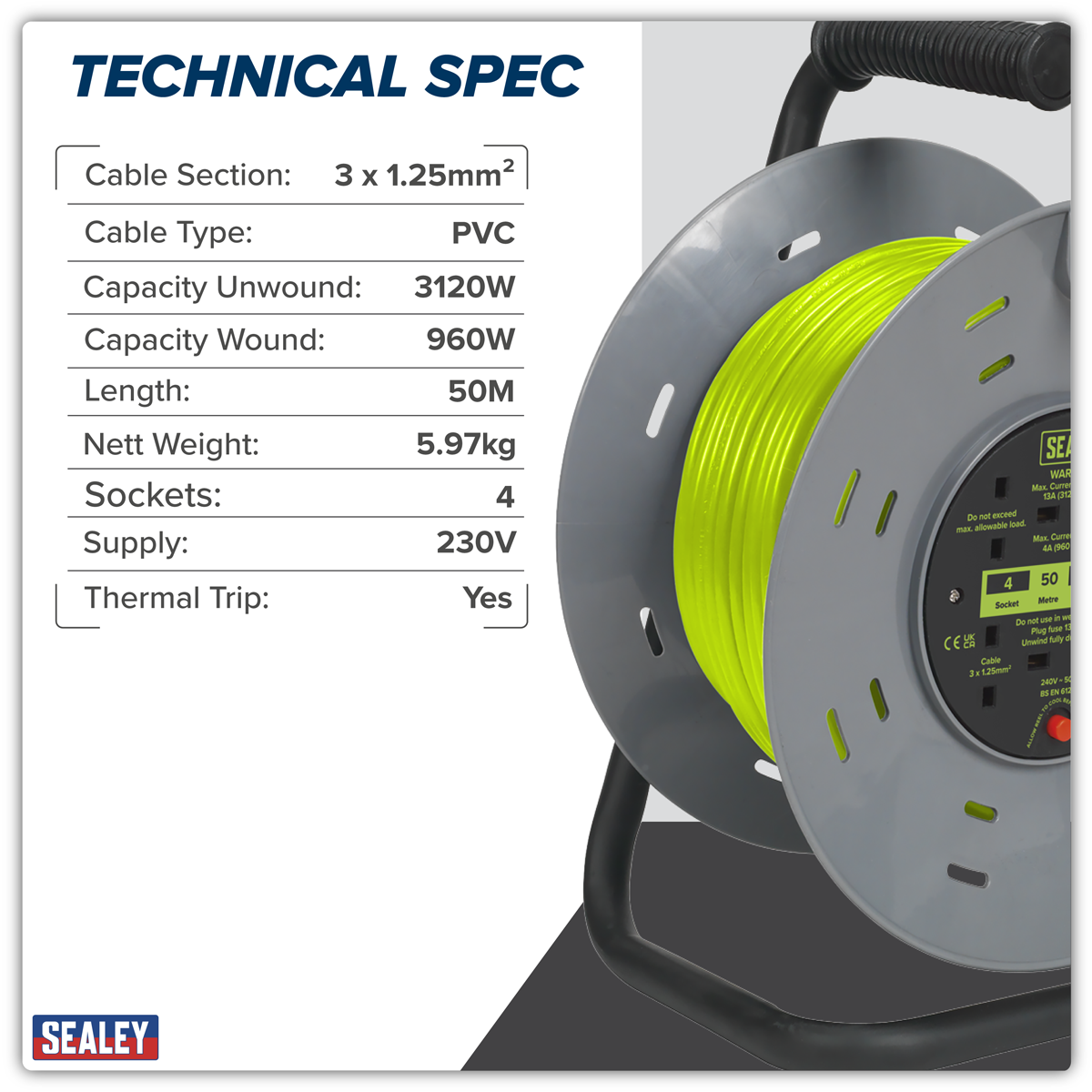 Sealey BCR50G 50m Cable Reel with Thermal Trip 4 x 230V - Hi-Vis Green