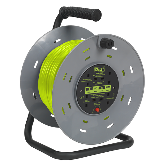 Sealey BCR50G 50m Cable Reel with Thermal Trip 4 x 230V - Hi-Vis Green
