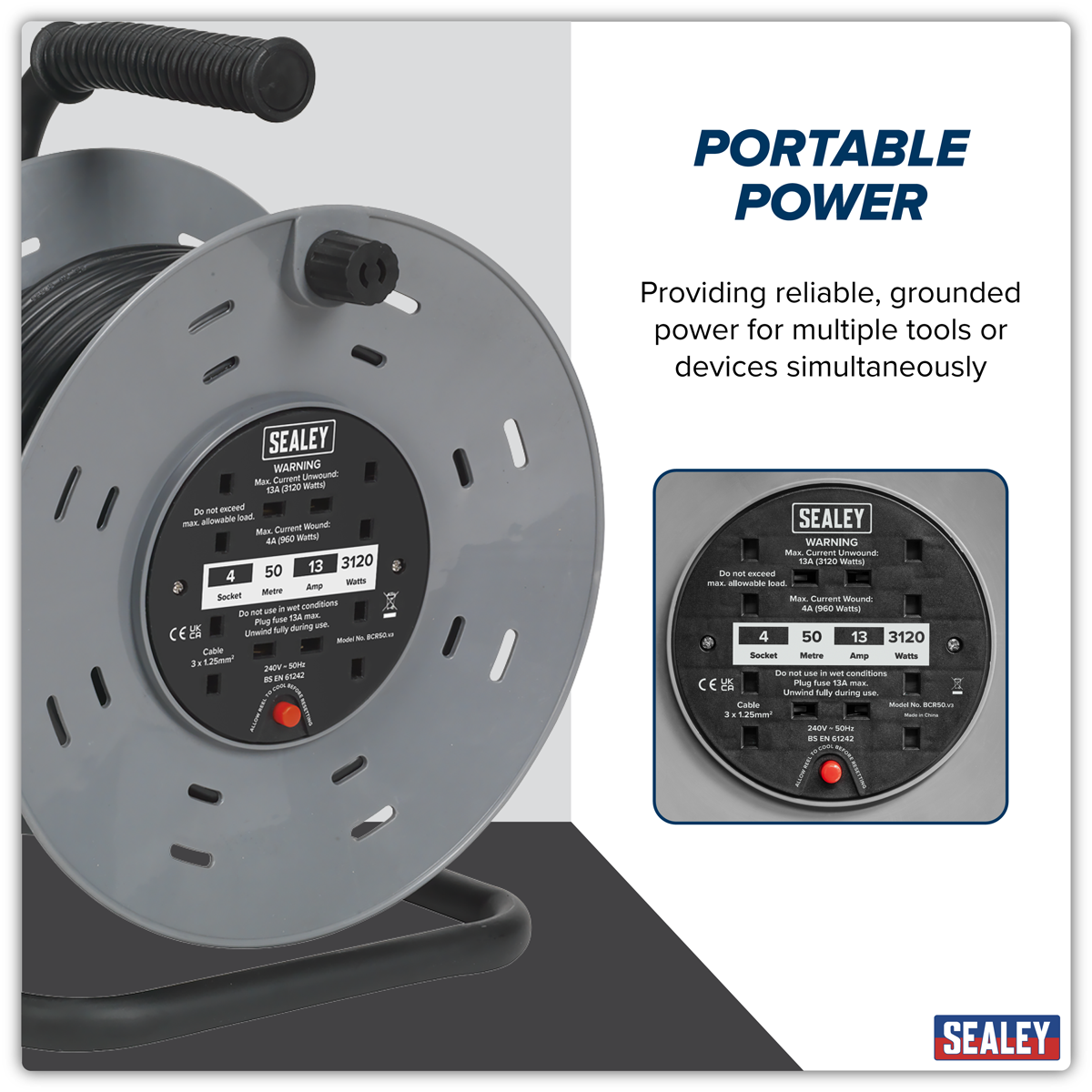 Sealey BCR50 50m Cable Reel with Thermal Trip 4 x 230V